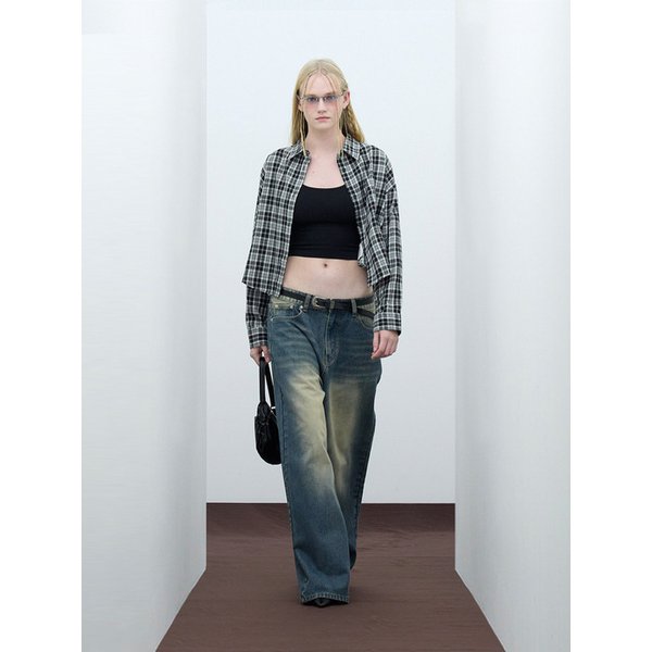 85-VIVA090 샌드 크롭 긴팔 체크 셔츠 블랙