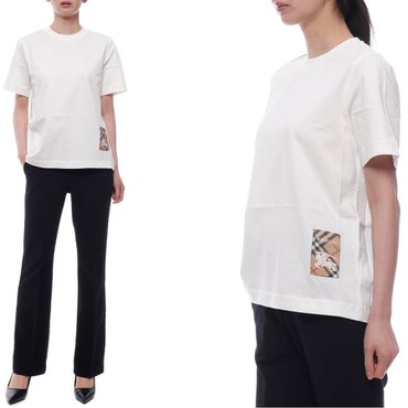 버버리 25SS 여성 체크 라벨 반팔티셔츠 (8104886 CHALK 25S)