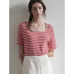 Square neck waffle t shirt - Red stripe