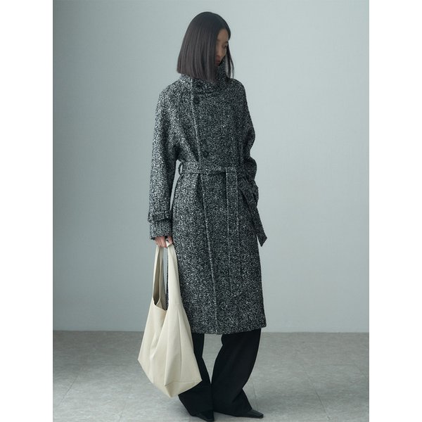 HIGH NECK BELTED HERRINGBONE COAT