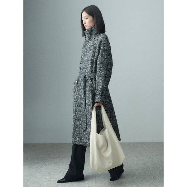 HIGH NECK BELTED HERRINGBONE COAT