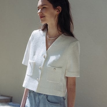 틸아이다이 Collarless pearl button summer tweed jacket_White