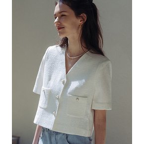 Collarless pearl button summer tweed jacket_White