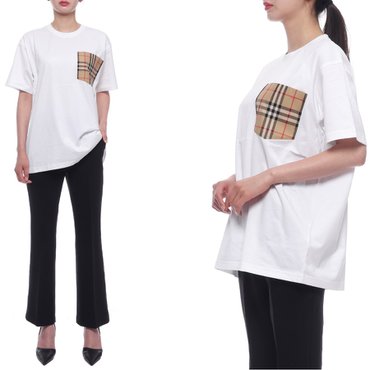 버버리 24SS 여성 체크 포켓 반팔티셔츠 (8080322 WHITE 24S)