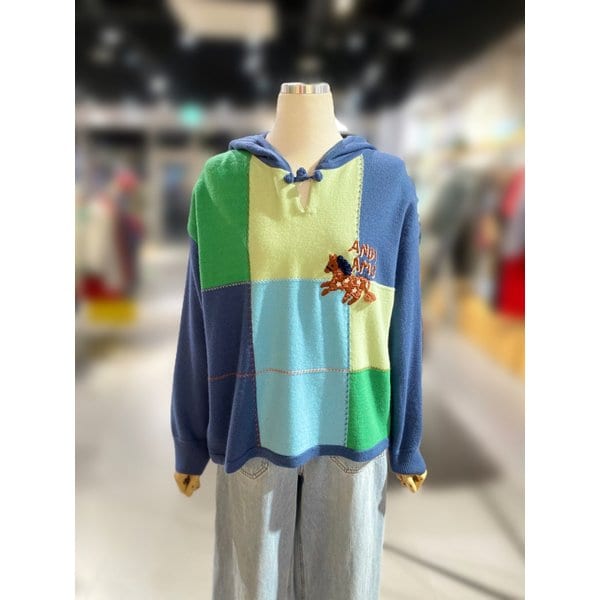 [여주점] 컬러 체크 후드 니트 (BAKP11511)