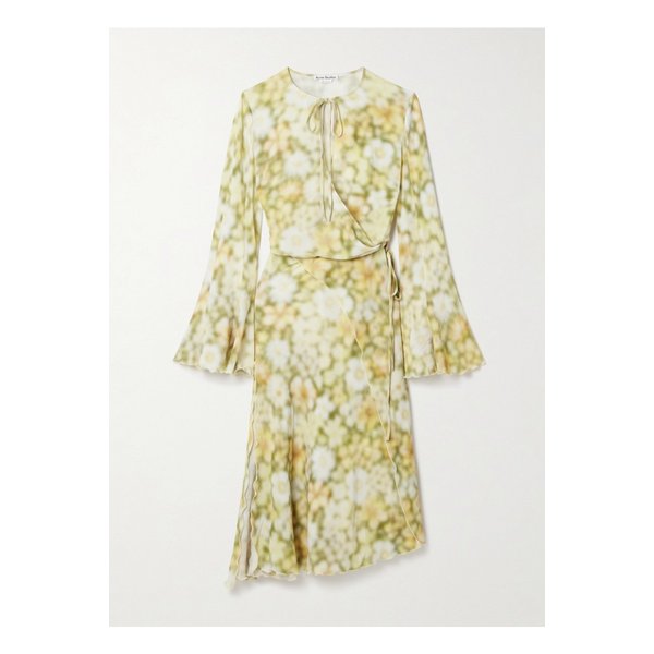 랩 이펙트 플로럴 프린트 해머드 크레이프 미니 드레스 옐로 1647597326702305