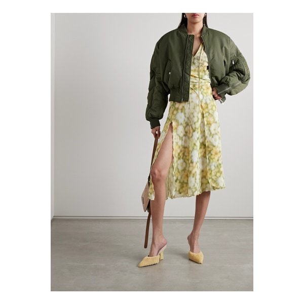 랩 이펙트 플로럴 프린트 해머드 크레이프 미니 드레스 옐로 1647597326702305