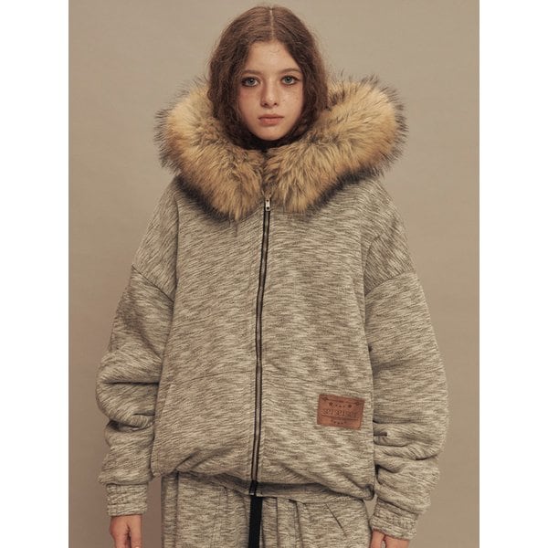 와일드 오버핏 퍼 후디드 집업 멜란지그레이