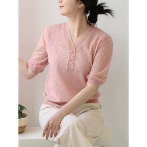 페미닌 프릴넥 반팔 니트  브이넥 시원한 여름 티 VKN102_P421726344