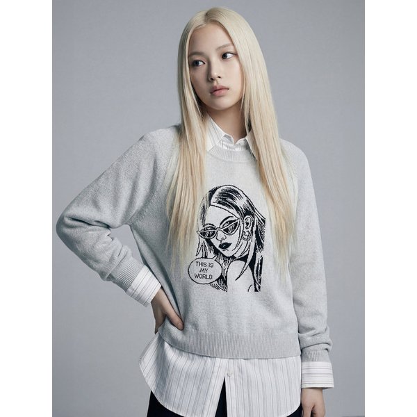 [리오더, STELLAR LEUNA] 백 집업 그래픽 니트_그레이 71162502C1