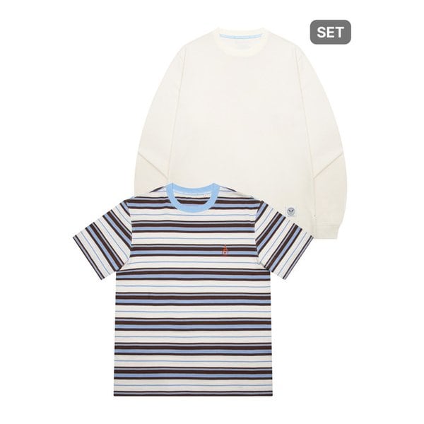[남녀공용] 멀티 스트라이프 레이어드 롱슬리브 티셔츠 세트