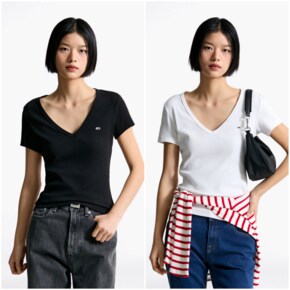 여성 슬림 스트레치 브이넥 티셔츠 T32F1TTO07TWT1 TOMMY JEANS