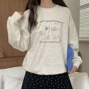 리본캣프린팅 라운드박스 맨투맨 긴팔티셔츠 가을데일리 오버핏 레터링 면캐주얼_P406479528