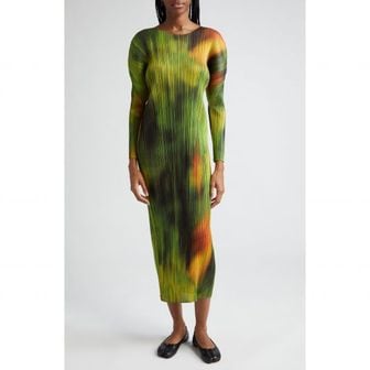 이스퀘어 4394617 Pleats Please Issey Miyake Abstract Print Pleated Long Sleeve Dress