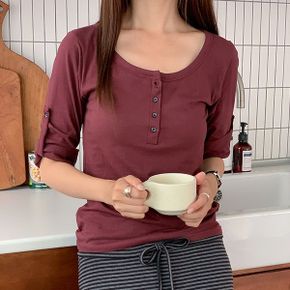 7부 소매 롤업 티셔츠 버튼 라운드 헨리넥 면100 기본 무지티_P435629267
