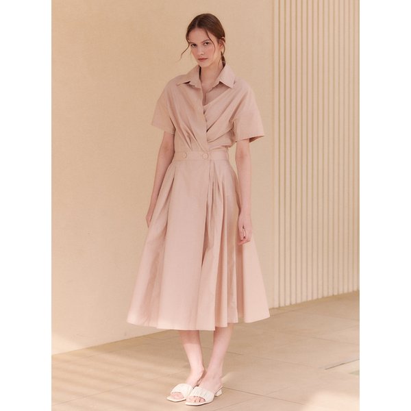 [리퍼브] FLARED WRAP DRESS WITH SHIRT COLLAR [Beige]