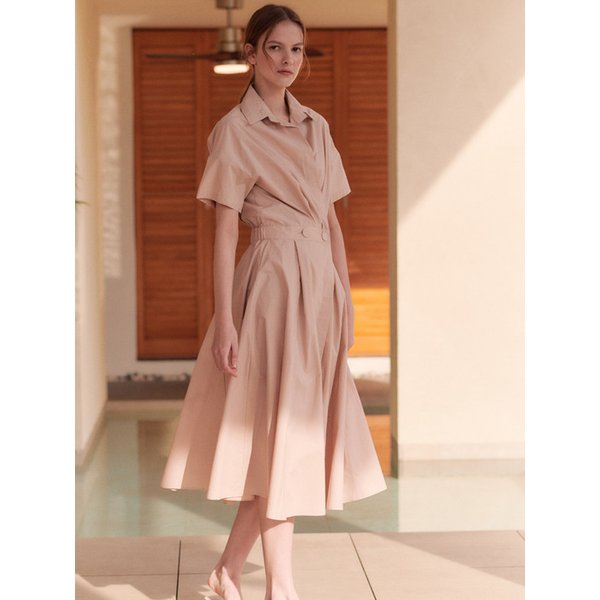 [리퍼브] FLARED WRAP DRESS WITH SHIRT COLLAR [Beige]