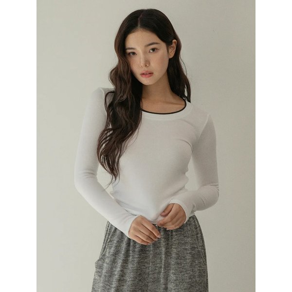 배색 더블넥 스판 슬림 티셔츠 3color