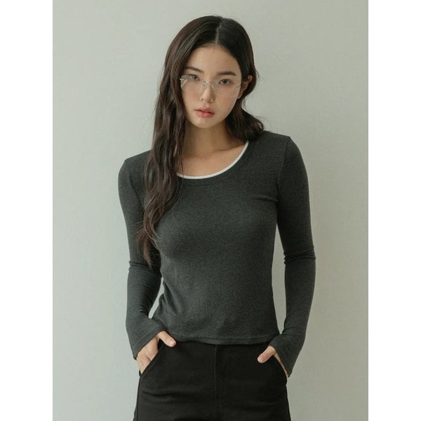 배색 더블넥 스판 슬림 티셔츠 3color