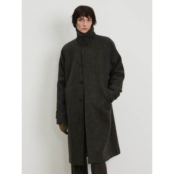Men Melange Wool Balmacaan Coat, Khaki