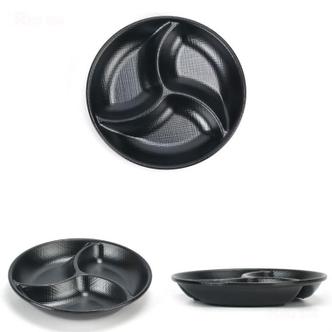 블랙 편리한 멜라민 한정식 중식 원형 3칸 나눔접시 찬기 반찬그릇 양념 소스 그릇 지름 17cm