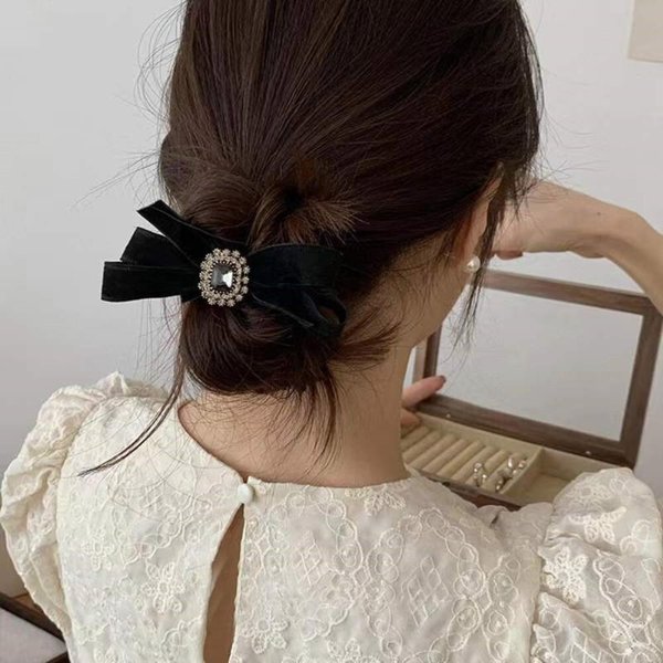 [옷자락] 여성 스퀘어큐빅 벨벳 블랙 리본 패션 머리끈