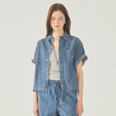 후아유 Steve Denim Crop Short Sleeve Shirts WHYJF3722F