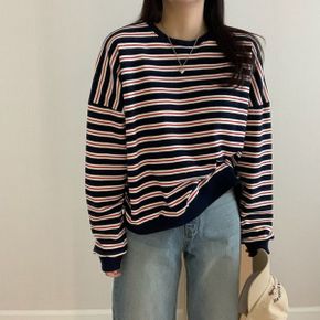 핏보장  여유있는 핏 오버핏 타겟 단가라 스트라이프 맨투맨 티셔츠_P387105391
