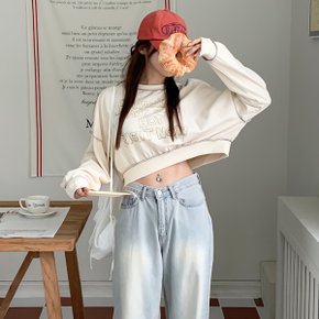 여성 레터링 스티치 오버 크롭 맨투맨