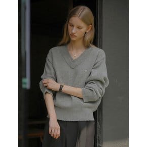 Double rib v-neck wool blended knit_Gray