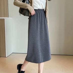 / NS495 여성 데일리 무지 골지 밴딩 미디 스커트