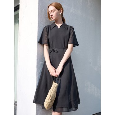 르샵블랑 옵션 끈벨트 오픈카라 쉬폰 반팔 원피스 _ L1G22WOP830