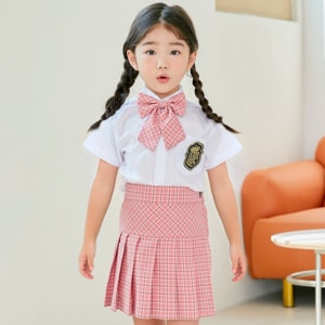 키즈톡톡 레이브 여아 정장 (셔츠+치마) (5-13호) 아동 교복 핑크 체크 치마 스커트 화이트 셔츠 스쿨룩