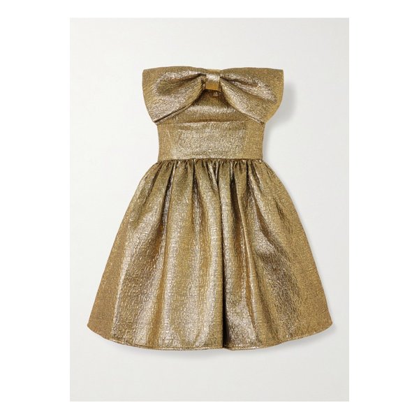 보우 디테일 스트랩리스 메탈릭 클로케 미니 드레스 골드 1647597350558463