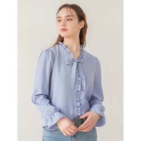 V Neck Frill Ribbon Blouse Sky