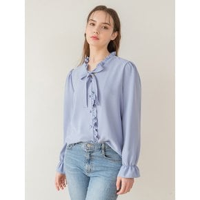 V Neck Frill Ribbon Blouse Sky