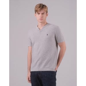 유에스폴로 [U.S. POLO ASSN.] 24SS 멜란지그레이 코튼 블렌디드 V라인 헨리넥 니트 남성