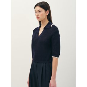 V-neck collar cotton knit top_navy