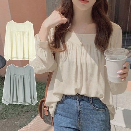 여성 긴팔 스퀘어넥 쉬폰 상의 봄 가을 블라우스 2