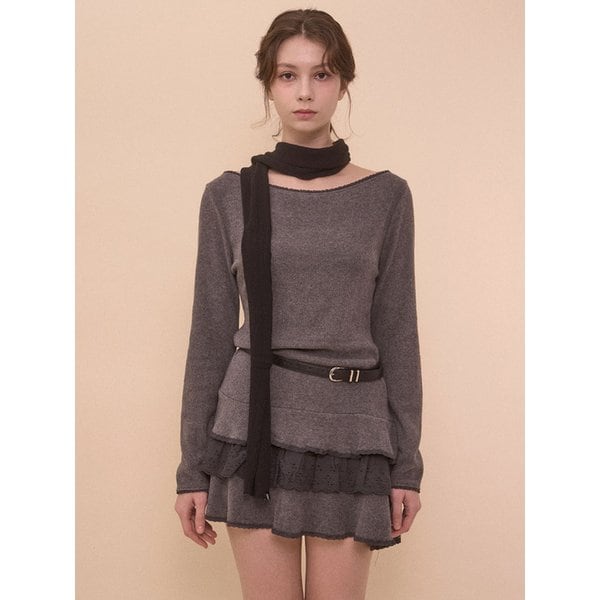 LACE BOAT NECK DRESS-GRAY