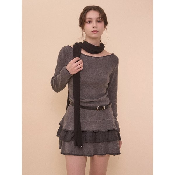 LACE BOAT NECK DRESS-GRAY