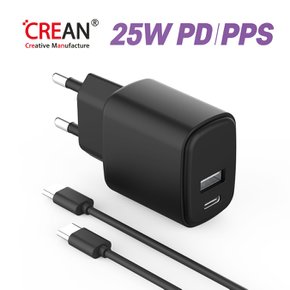 25W PD/PPS 2포트 초고속 충전기 with C to C 케이블 (CREPD25W2PCC-BK)