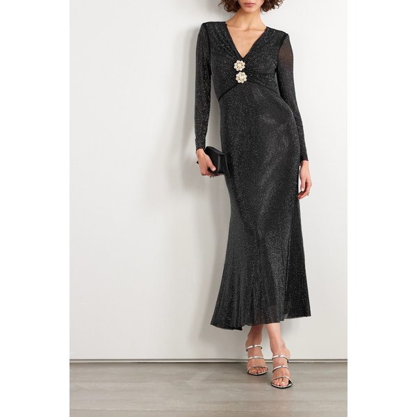 개더 크리스털 장식 메시 미디 드레스 블랙 1647597324583940