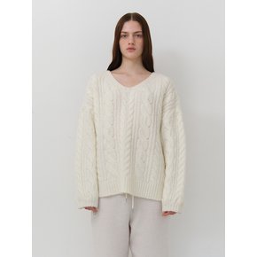 Wool overfit Vneck cable knit - White