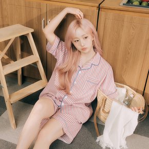[해원 PICK]실크핏 피오니 반팔 카라 잠옷 세트