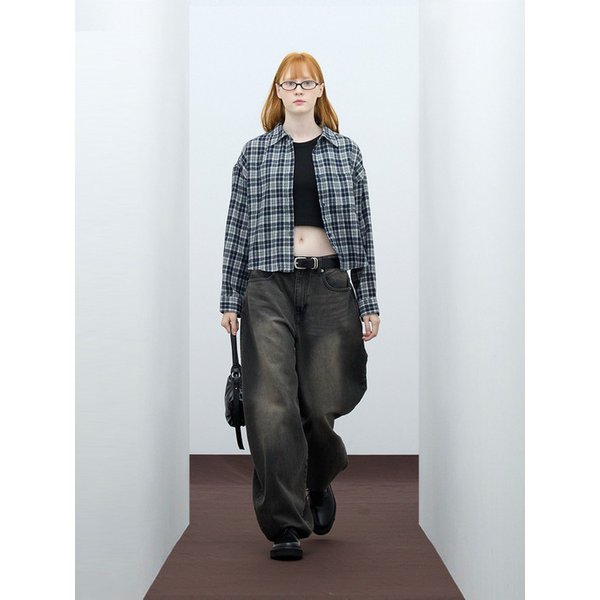 85-VIVA090 샌드 크롭 긴팔 체크 셔츠 네이비