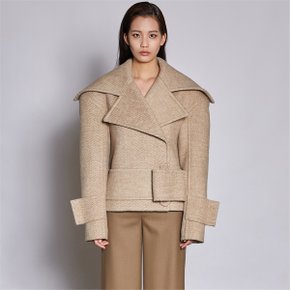 [쿠만] Soft ochre two tone herringbone belted short coat