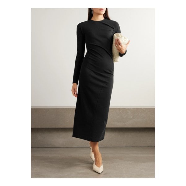 비대칭 개더 저지 미디 드레스 블랙 1647597343134970