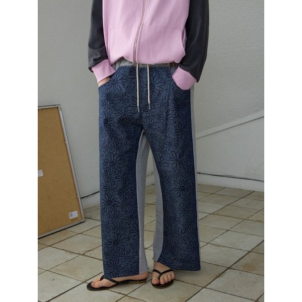Flower Half Denim Sweat Pants_Blue