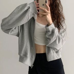 루즈핏 홀릭 쭈리면 크롭 숏 후드 긴 집업 점퍼_P369459458